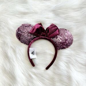 2021 Disney Parks Burgundy Wine Red Sequins Velvet Bow Ears Headband